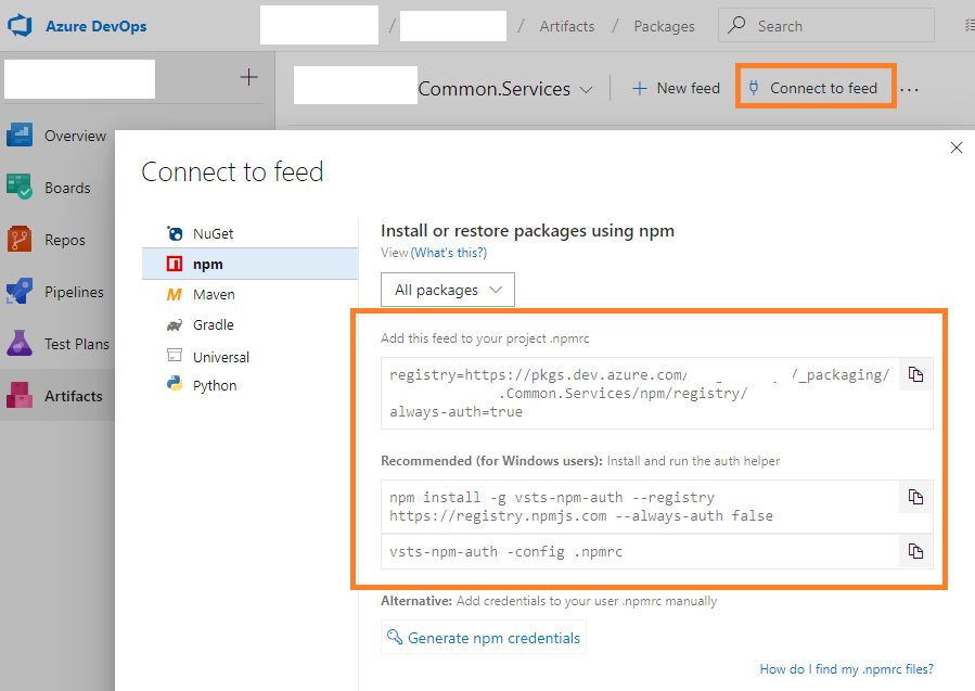 Azure DevOps - Artifacts feed - Connect to feed